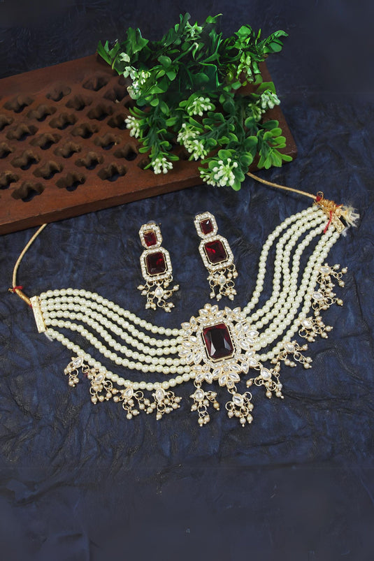 Traditional Maroon Color Alloy Material Necklace With Earrings and Mang Tikka