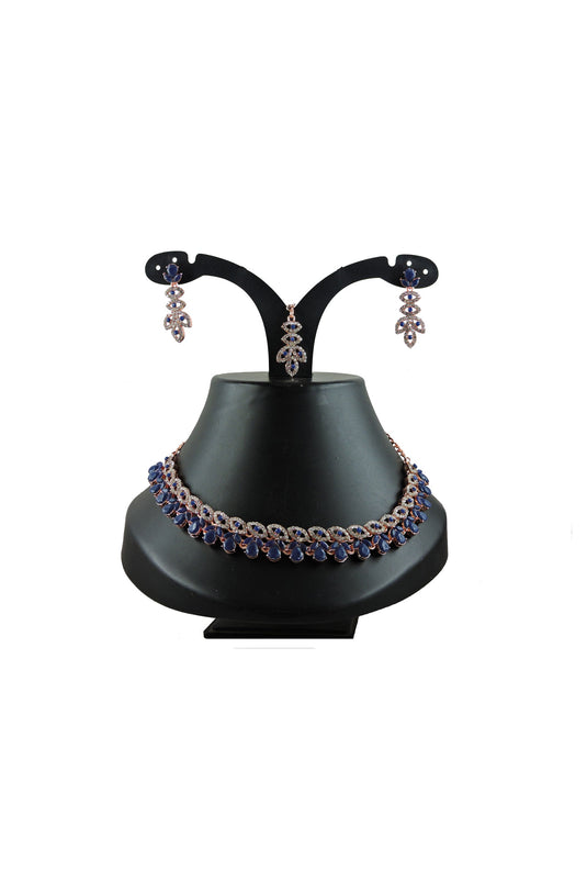 Navy Blue Color Beatific Alloy Necklace With Earrings and Mang Tikka