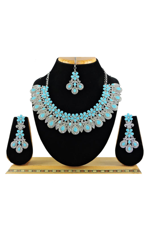 Pleasance Alloy Necklace with Earrings and Mang Tikka In Cyan Color