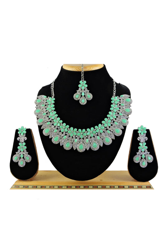 Sea Green Color Excellent Alloy Necklace with Earrings and Mang Tikka