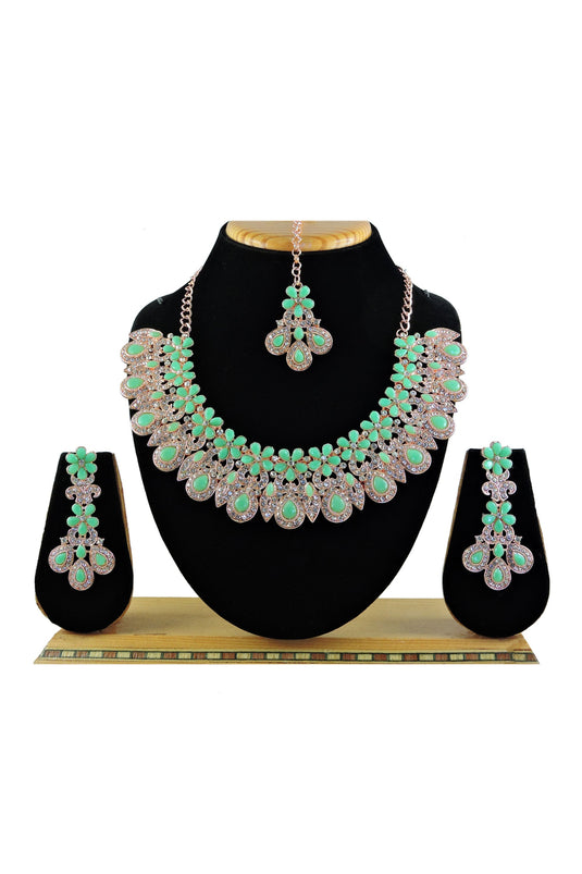 Stunning Sea Green Color Alloy Necklace with Earrings and Mang Tikka