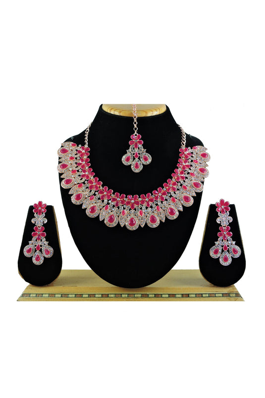 Amazing Rani Color Alloy Necklace with Earrings and Mang Tikka