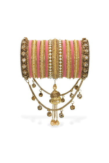 Alloy Material Peach Color Riveting Bridal Jhoola Style Bangle Set For Two Hands