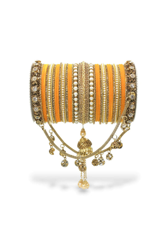 Orange Color Alloy Material Engaging Bridal Jhoola Style Bangle Set For Two Hands