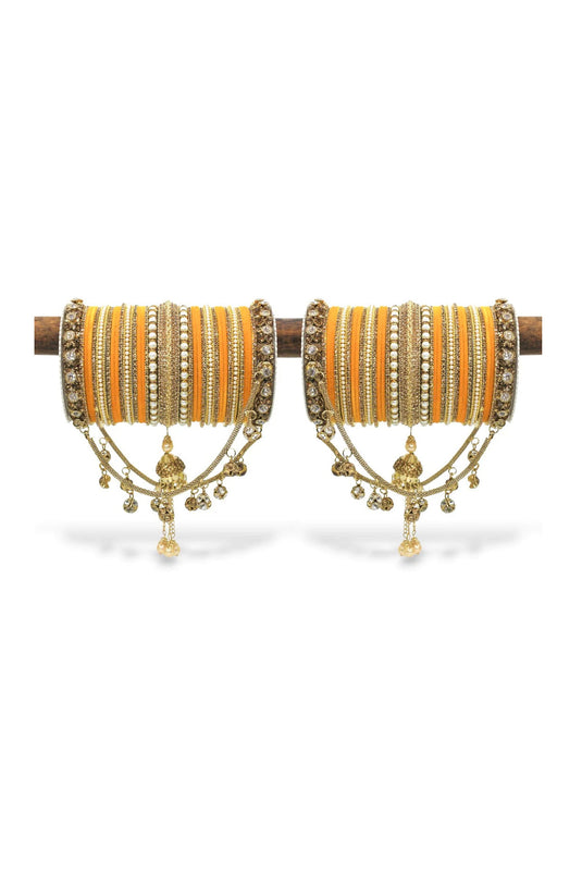 Orange Color Alloy Material Engaging Bridal Jhoola Style Bangle Set For Two Hands