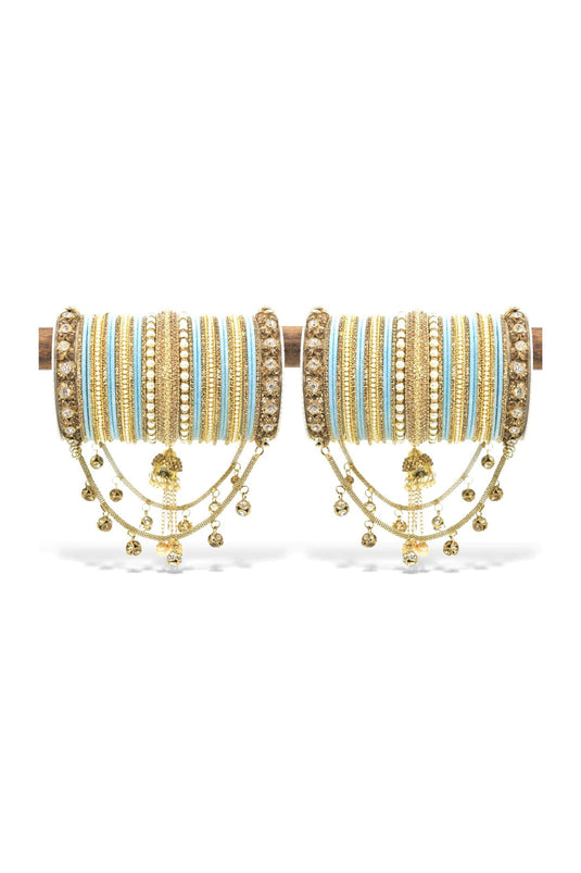 Excellent Alloy Material Light Cyan Color Bridal Jhoola Style Bangle Set For Two Hands