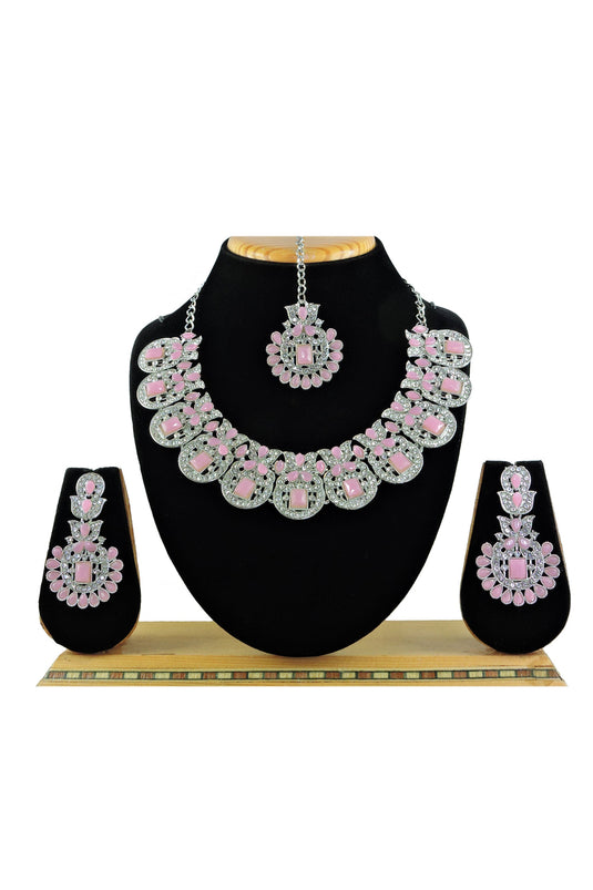 Pink Color Alloy Material Function Wear Fashionable Necklace Set With Earrings And Mang Tikka