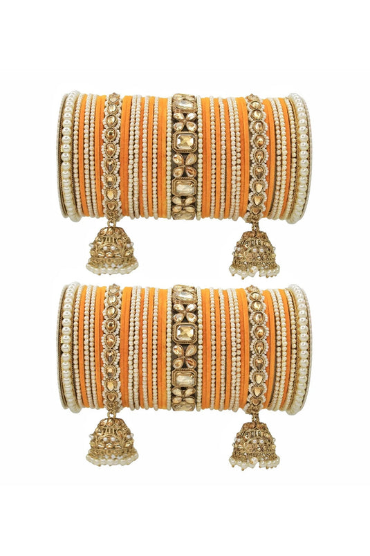 Alloy Material Orange Color Engaging Jhumki Bridal Set With Pearl Kadas