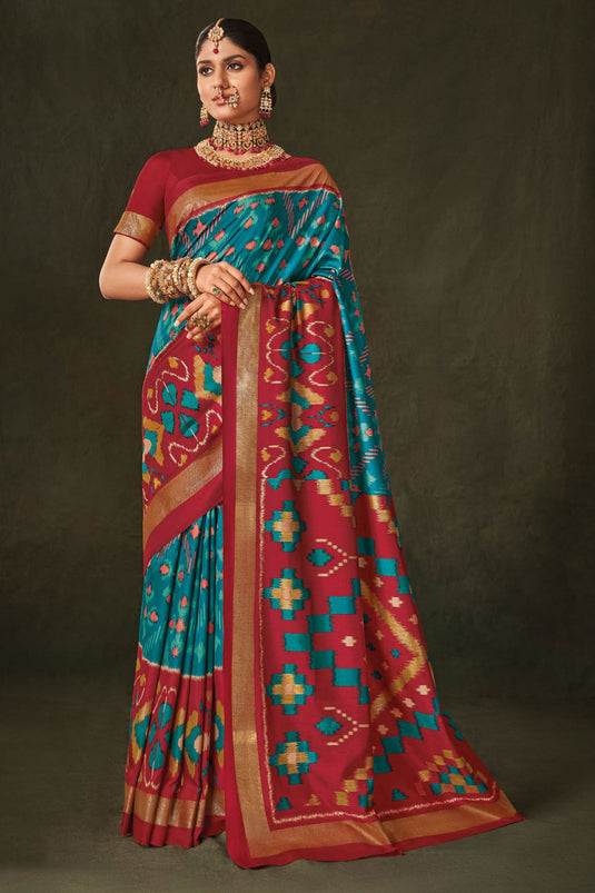 Art Silk Fabric Cyan Color Pleasance Saree With Printed Work