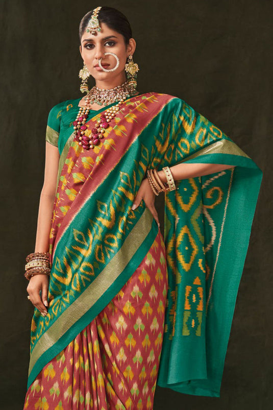 Rust Color Art Silk Fabric Engaging Saree With Printed Work