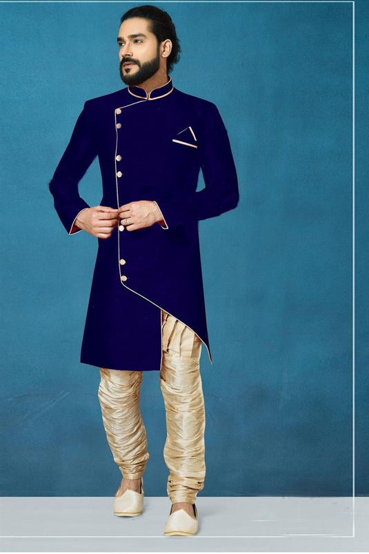 Navy Blue Color Function Wear Art Silk Fabric Flamboyant Indo Western For Men