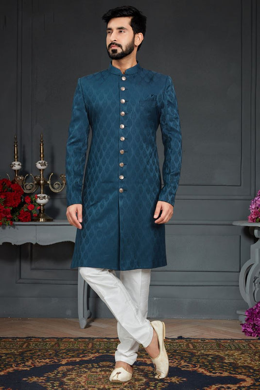 Sky Blue Color Wedding Wear Readymade Jacquard Fabric Indo Western For Men