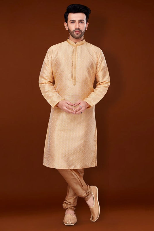 Jacquard Fabric Peach Color Pleasance Kurta Pyjama For Men