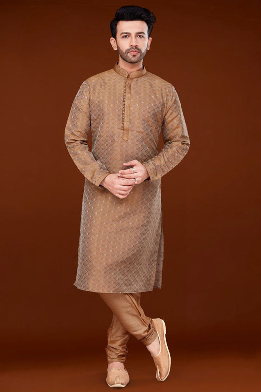 Creative Chikoo Color Jacquard Fabric Kurta Pyjama For Men