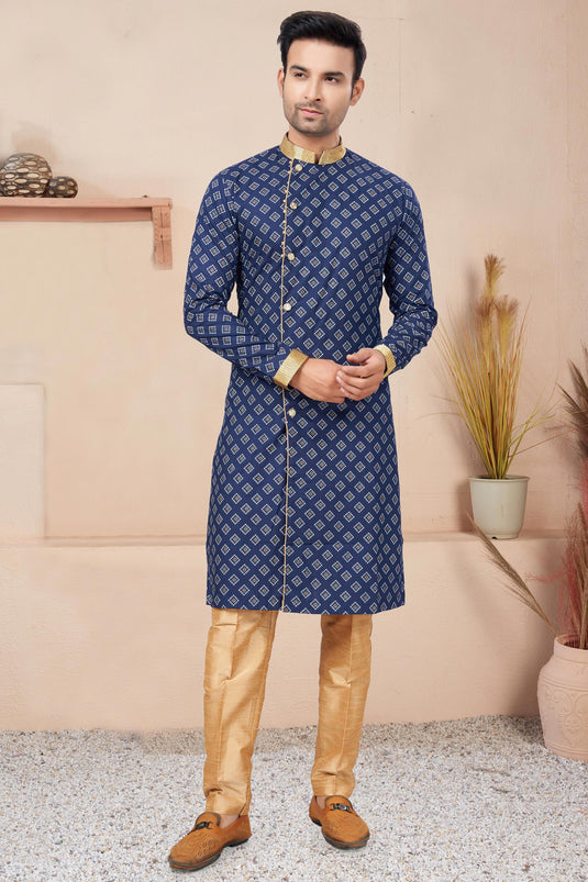 Navy Blue Cotton Fabric Printed Trendy Readymade Indo Western For Men