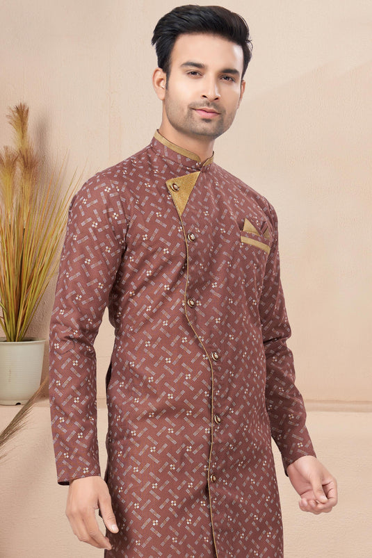 Printed Pretty Cotton Fabric Readymade Men Indo Western In Brown Color