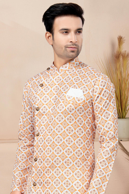 Cotton Fabric Printed Readymade Orange Color Indo Western For Men