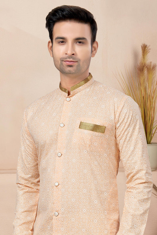 Printed Readymade Indo Western For Men In Cotton Peach Color