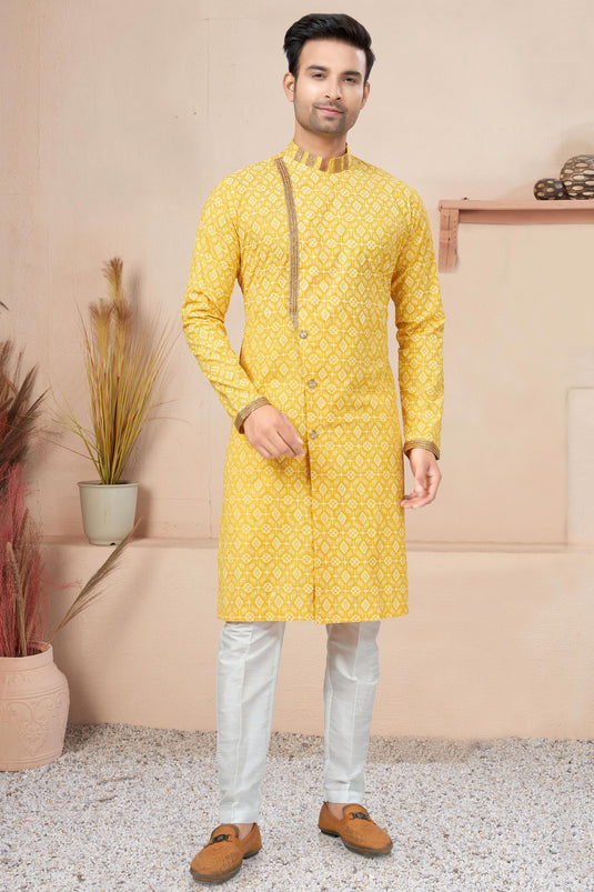 Yellow Color Cotton Fabric Printed Designer Readymade Indo Western For Men