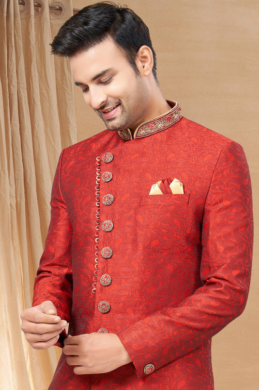 Red Color Jacquard Fabric Captivating Readymade Indo Western For Men