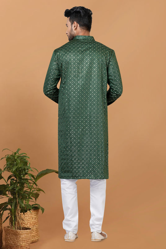 Dark Green Color Sequins Embroidery Gajji Silk Fabric Striking Readymade Kurta Pyjama For Men