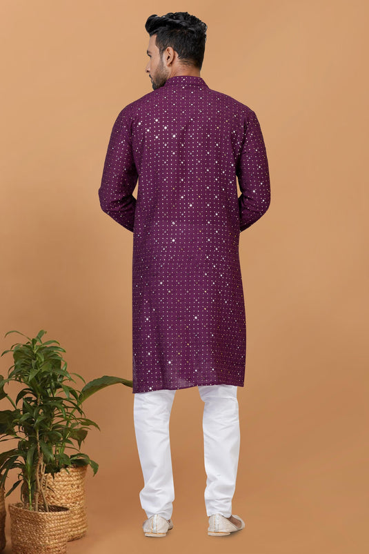 Beautiful Sequins Embroidery Cotton Fabric Readymade Kurta Pyjama For Men In Purple Color