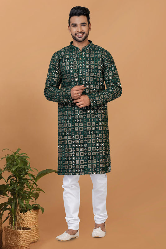 Georgette Fabric Sequins Embroidery Green Color Readymade Men Stylish Kurta Pyjama