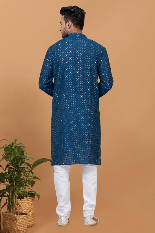 Cotton Teal Color Sequins Embroidery Readymade Designer Men Kurta Pyjama
