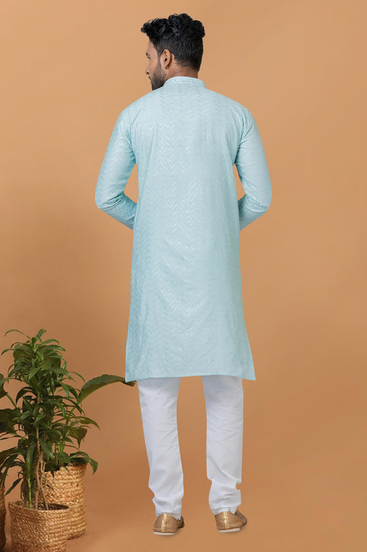 Sequins Embroidery Sky Blue Cotton Graceful Readymade Men Kurta Pyjama