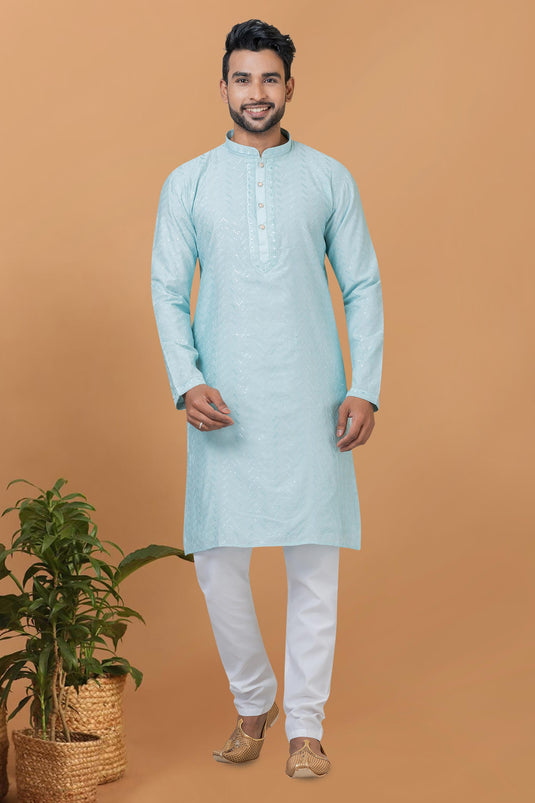 Sequins Embroidery Sky Blue Cotton Graceful Readymade Men Kurta Pyjama