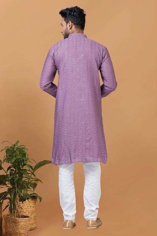 Sequins Embroidery Lavender Color Readymade Cotton Fabric Kurta Pyjama For Men