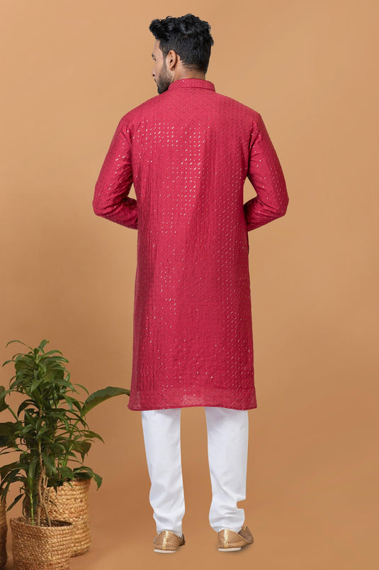 Sequins Embroidery Readymade Kurta Pyjama For Men In Red Cotton Fabric