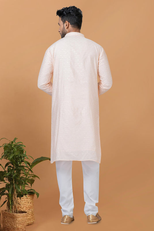 Sequins Embroidery Readymade Kurta Pyjama For Men In Cotton Peach Color