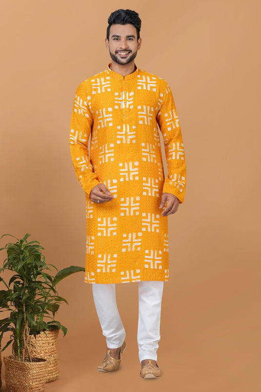 Yellow Chanderi Fabric Trendy Readymade Kurta Pyjama For Men