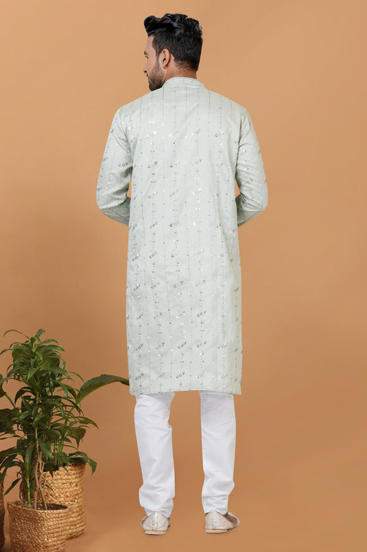 Sea Green Color Artistic Readymade Men Kurta Pyjama