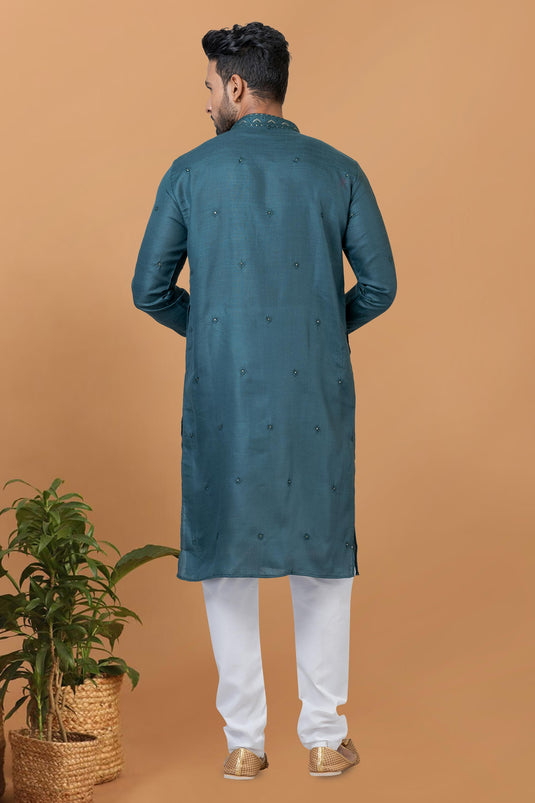 Teal Color Readymade Cotton Fabric Kurta Pyjama For Men