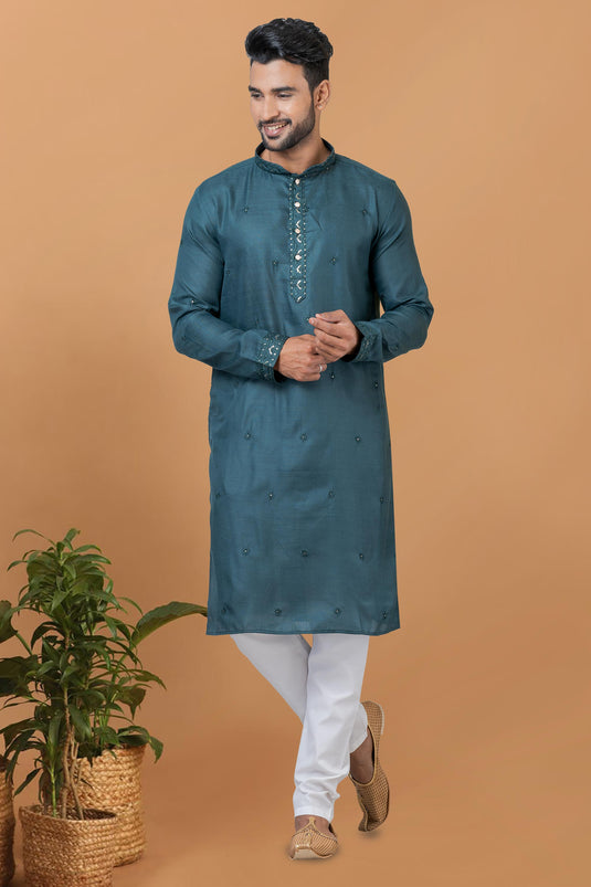 Teal Color Readymade Cotton Fabric Kurta Pyjama For Men