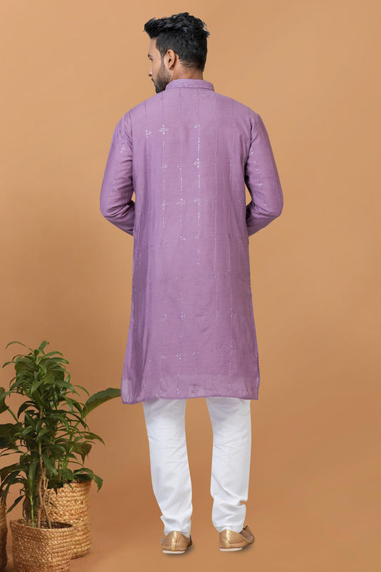 Purple Color Cotton Fabric Designer Readymade Kurta Pyjama For Men