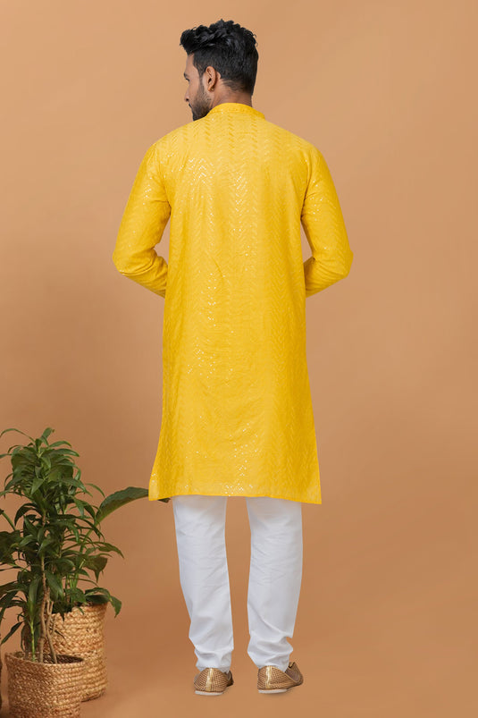 Sequins Embroidery Pretty Cotton Fabric Sangeet Wear Readymade Men Kurta Pyjama In Yellow Color