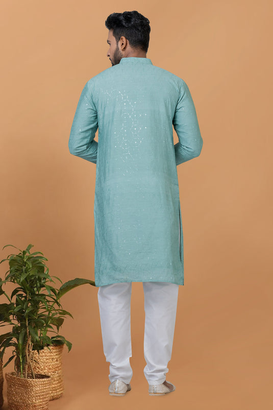 Reception Wear Attractive Sequins Embroidery Readymade Men Kurta Pyjama In Cyan Color