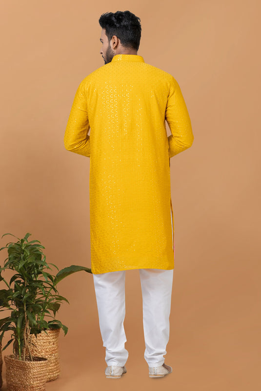 Cotton Sequins Embroidery Mustard Magnificent Readymade Men Kurta Pyjama For Sangeet Wear