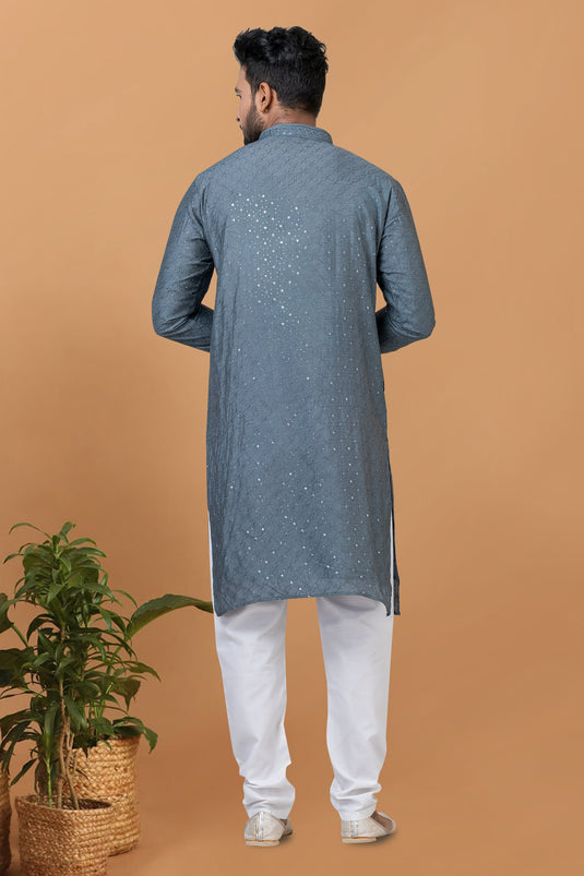 Artistic Cotton Fabric Grey Sequins Embroidery Readymade Men Kurta Pyjama For Wedding Function