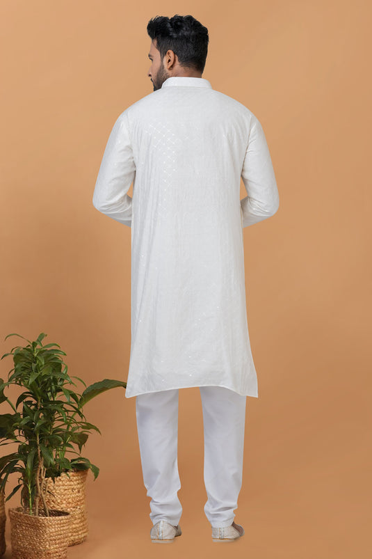 Sequins Embroidery White Color Reception Wear Readymade Cotton Fabric Kurta Pyjama For Men