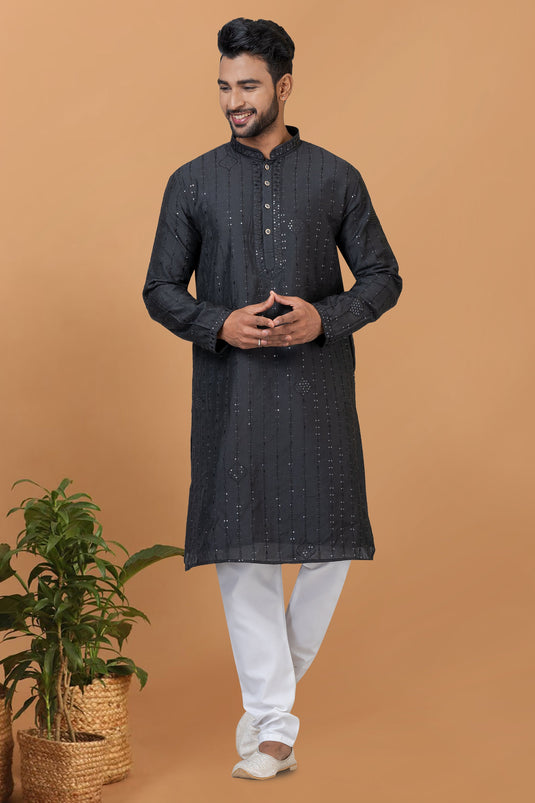 Black Color Sangeet Wear Cotton Fabric Sequins Embroidery Designer Readymade Kurta Pyjama For Men