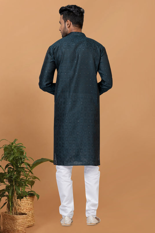 Art Silk Teal Color Readymade Designer Men Kurta Pyjama