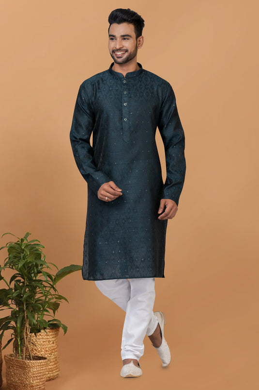 Art Silk Teal Color Readymade Designer Men Kurta Pyjama