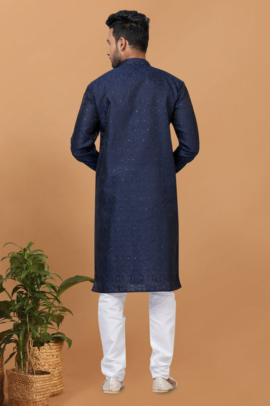 Stunning Navy Blue Color Readymade Men Kurta Pyjama