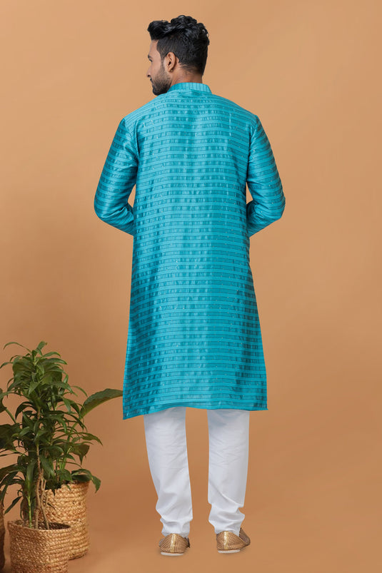 Cyan Color Artistic Readymade Men Kurta Pyjama