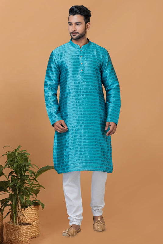 Cyan Color Artistic Readymade Men Kurta Pyjama