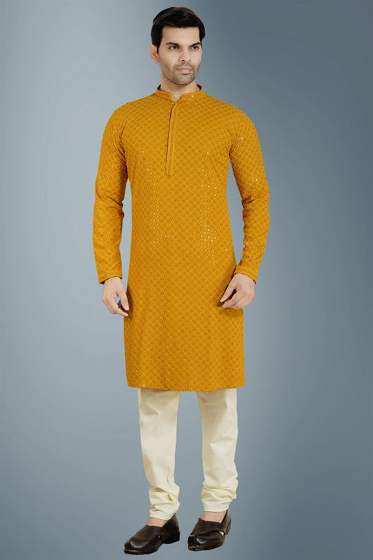 Striking Mustard Color Cotton Fabric Function Wear Readymade Kurta Pyjama For Men